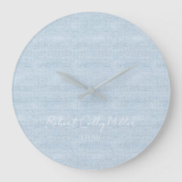 Baby blue Linen Fabric Full Name Date Nursery ラージ壁時計