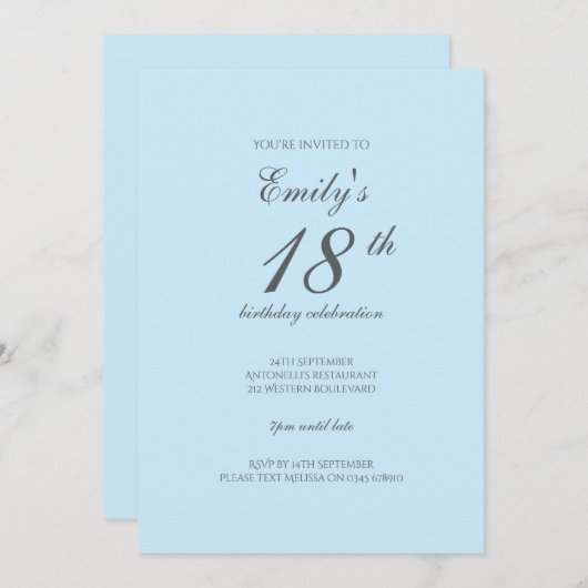 Baby Blue Minimalist 18th Birthday Invitation 招待状 (正面/裏面)