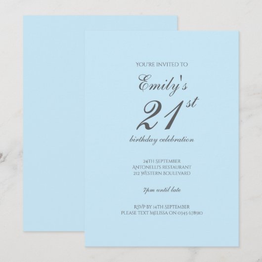 Baby Blue Minimalist 21st Birthday Invitation 招待状 (正面/裏面)