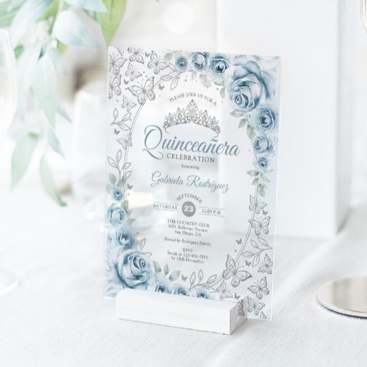 Baby Blue Silver Floral Quinceanera アクリル招待状