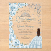 Baby Blue Silver Floral Quinceanera アクリル招待状 (正面)