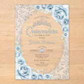 Baby Blue Silver Floral Quinceanera アクリル招待状 (正面)