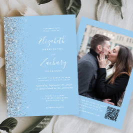 Baby Blue Silver Glitter Photo QR Code Wedding 招待状