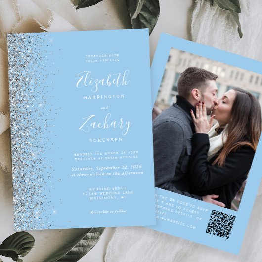 Baby Blue Silver Glitter Photo QR Code Wedding 招待状
