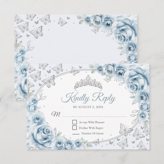 Baby Blue Silver Quinceanera Reply 出欠カード (正面/裏面)