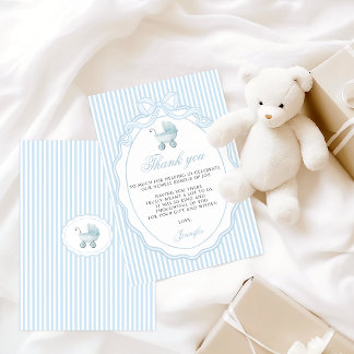 Baby Blue Stroller Bow Boy Shower サンキューカード