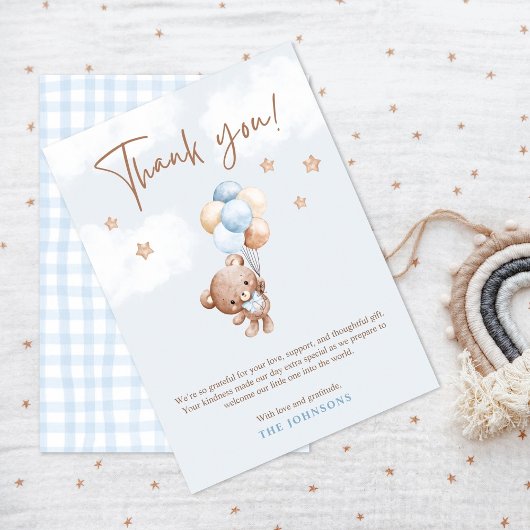 Baby Blue Teddy Bear Baby Shower  サンキューカード