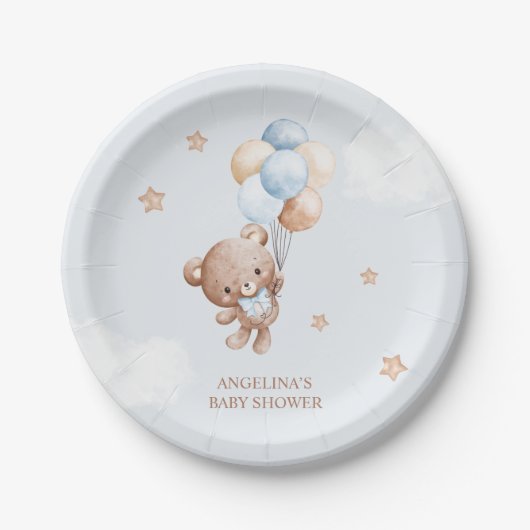 Baby Blue Teddy Bear Baby Shower ペーパープレート (正面)