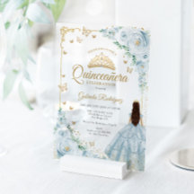 Baby Blue Watercolor Roses Gold Quinceanera