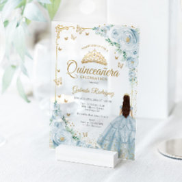 Baby Blue Watercolor Roses Gold Quinceanera アクリル招待状