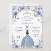 Baby Blue White Floral Princess Quinceañera XV 16 招待状 (正面)