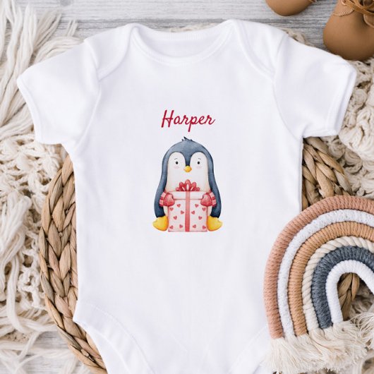 Baby Bodysuit With A Penguin Holding A Gift Box ベビーボディスーツ