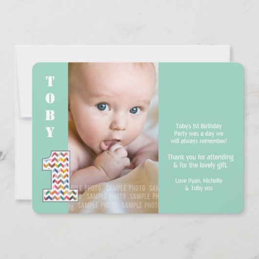 Baby Boy 1st Birthday One Thank You Photo Card サンキューカード (正面)