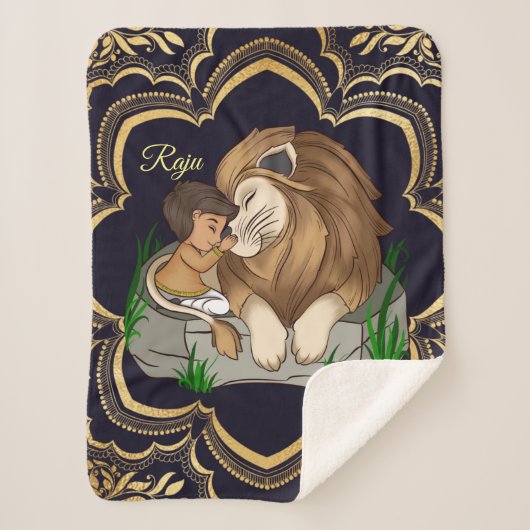 Baby boy and lion on a black mandala background シェルパブランケット (正面)