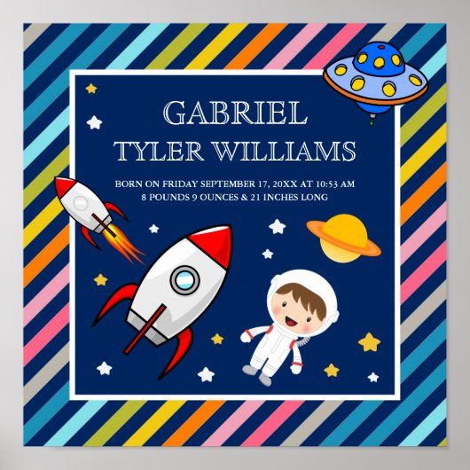 Baby Boy Astronaut Outer Space Rocket Birth Stats ポスター (正面)