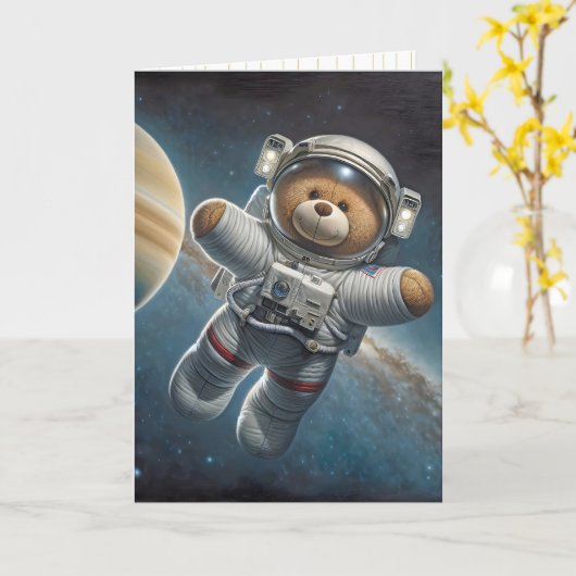 Baby Boy Astronaut Teddy Bear カード (黄色い花)