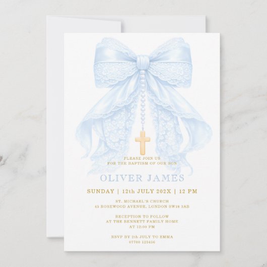 Baby Boy Baptism Blue Bow 招待状 (正面)