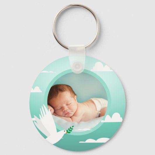 Baby Boy Baptism Dove Clouds Photo Frame キーホルダー (正面)
