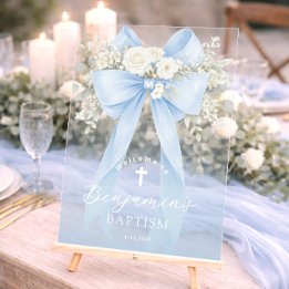 Baby Boy Baptism Elegant Blue Eucalyptus Bow アクリルサイン