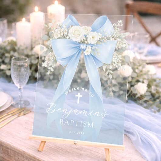 Baby Boy Baptism Elegant Blue Eucalyptus Bow アクリルサイン