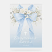Baby Boy Baptism Elegant Blue Eucalyptus Bow アクリルサイン (正面)