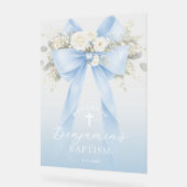 Baby Boy Baptism Elegant Blue Eucalyptus Bow アクリルサイン (傾斜)