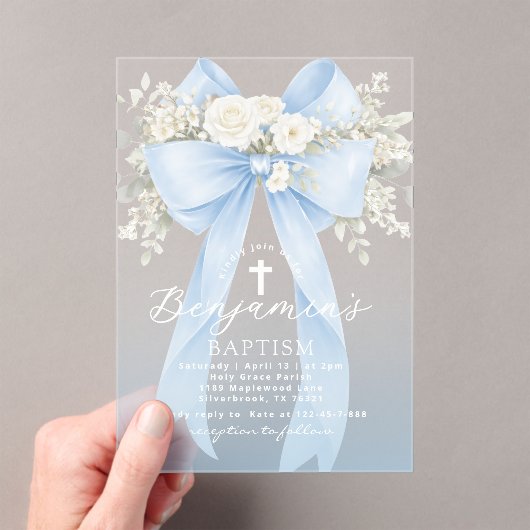Baby Boy Baptism Elegant Blue Eucalyptus Bow アクリル招待状 (インサイチュ (ポータブル))