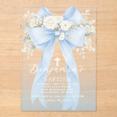 Baby Boy Baptism Elegant Blue Eucalyptus Bow アクリル招待状 (正面)