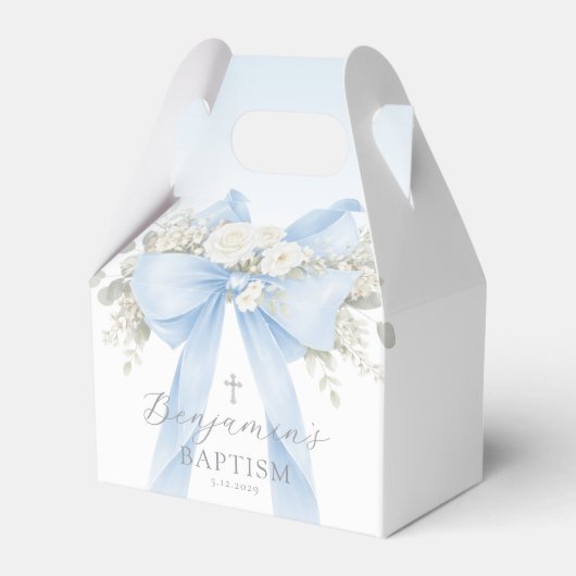 Baby Boy Baptism Eucalyptus Blue Bow フェイバーボックス (正面サイド)