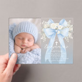 Baby Boy Baptism Photo Floral Eucalyptus Bow アクリル招待状 (インサイチュ (ポータブル))