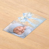 Baby Boy Baptism Photo Floral Eucalyptus Bow アクリル招待状 (レイダウン)