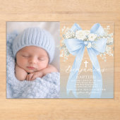 Baby Boy Baptism Photo Floral Eucalyptus Bow アクリル招待状 (正面)