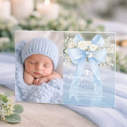 Baby Boy Baptism Photo Floral Eucalyptus Bow アクリル招待状