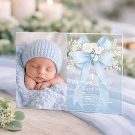 Baby Boy Baptism Photo Floral Eucalyptus Bow アクリル招待状