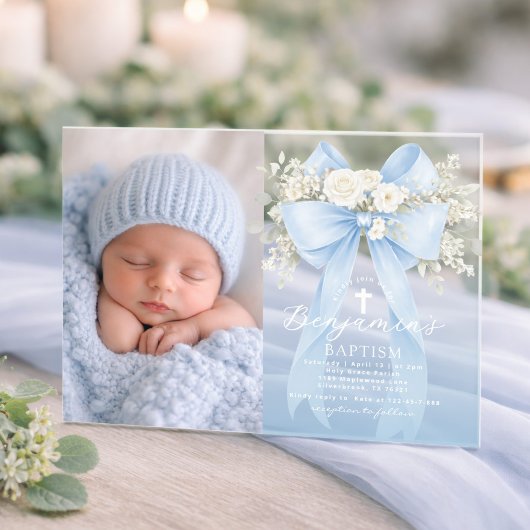 Baby Boy Baptism Photo Floral Eucalyptus Bow アクリル招待状