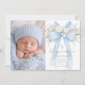 Baby Boy Baptism Photo Floral Eucalyptus Bow 招待状 (正面)
