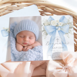 Baby Boy Baptism Photo Floral Eucalyptus Bow 招待状