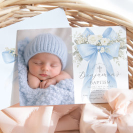 Baby Boy Baptism Photo Floral Eucalyptus Bow 招待状