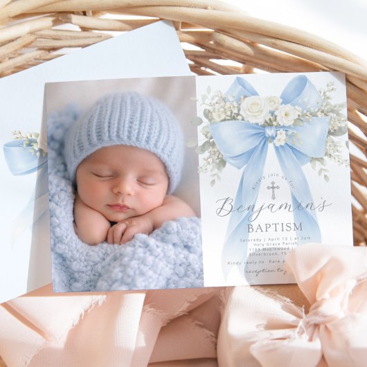 Baby Boy Baptism Photo Floral Eucalyptus Bow 招待状