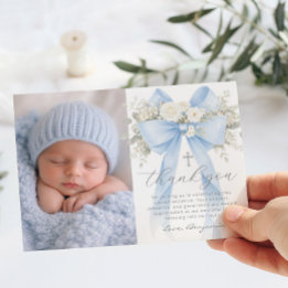 Baby Boy Baptism Photo Floral Thank you Card 招待状