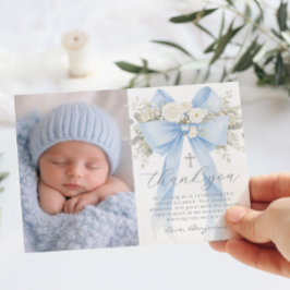 Baby Boy Baptism Photo Floral Thank you Card 招待状