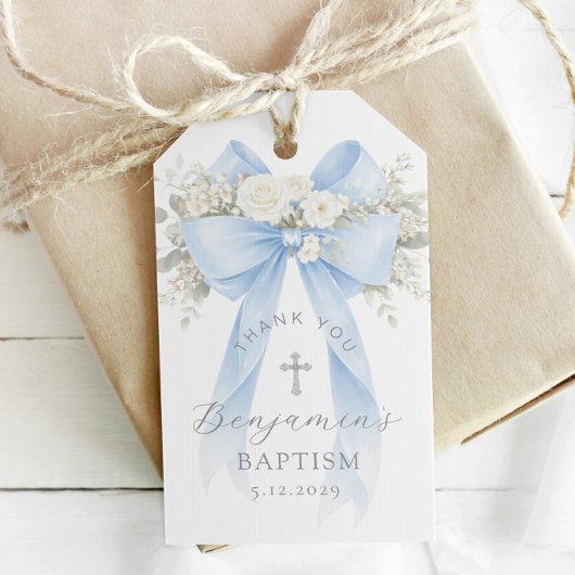 Baby Boy Baptism Silver Cross Floral Bow ギフトタグ