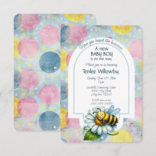 Baby Boy Bee In A Flower Shower  招待状 (正面/裏面)