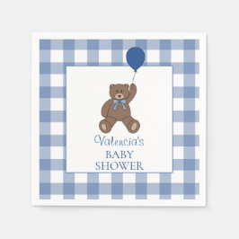 Baby Boy Blue Buffalo Check Teddy Bear Baby Shower スタンダードカクテルナプキン