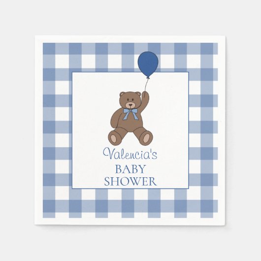 Baby Boy Blue Buffalo Check Teddy Bear Baby Shower スタンダードカクテルナプキン (正面)