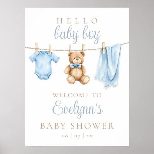 Baby Boy Clothesline Baby Shower Welcome Sign ポスター (正面)