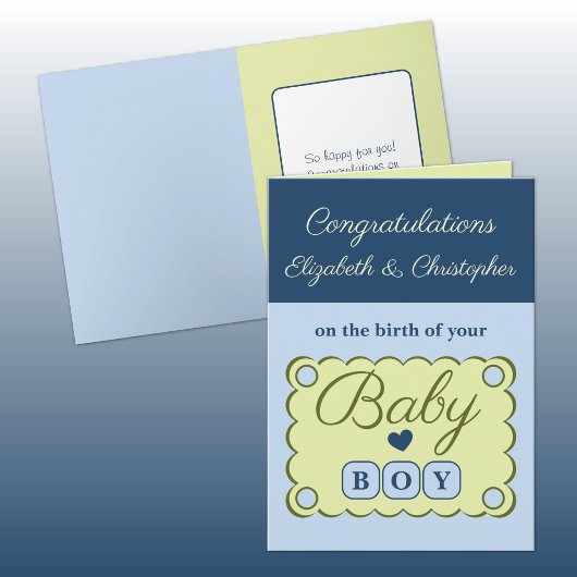Baby boy congratulations blue green カード