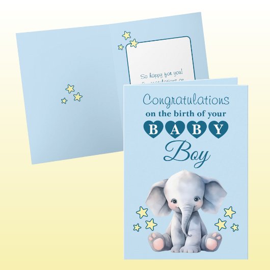 Baby boy congratulations elephant blue カード