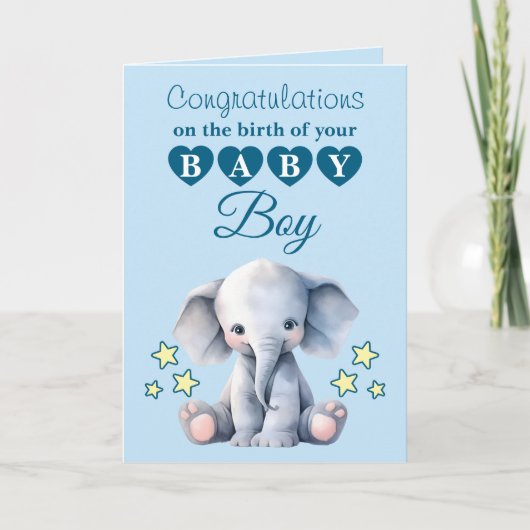 Baby boy congratulations elephant blue カード (正面)