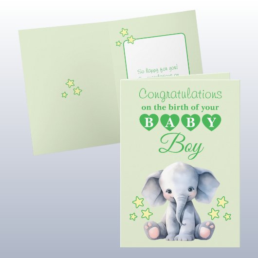 Baby boy congratulations elephant green カード